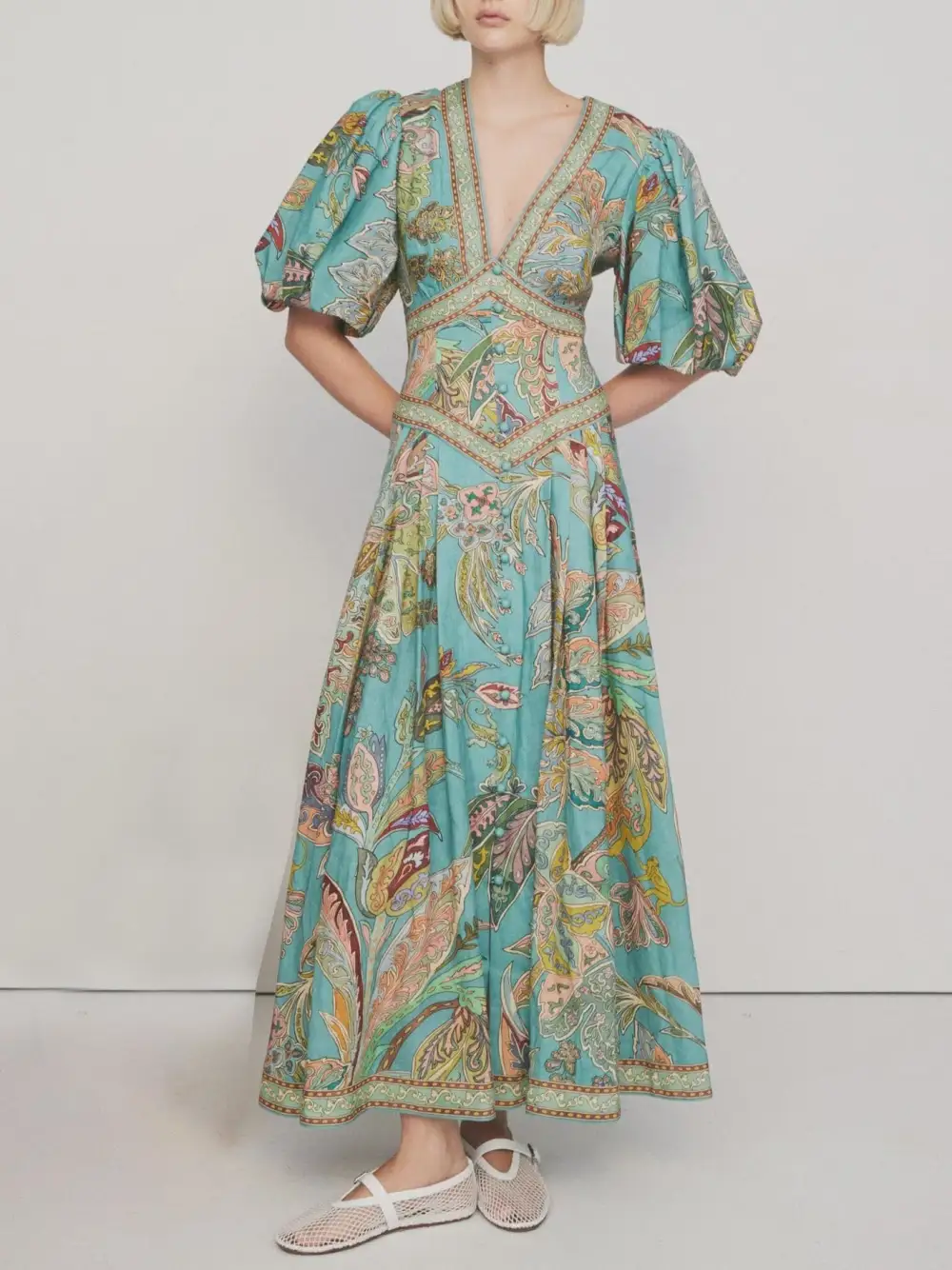 Satin Vintage Floral Print Puff Sleeve Midi Dress