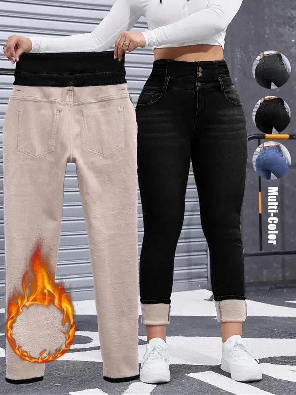 Women's High Elasticity Fleece Lined Thick Denim Jeans&Comfortable Slimming Jeans