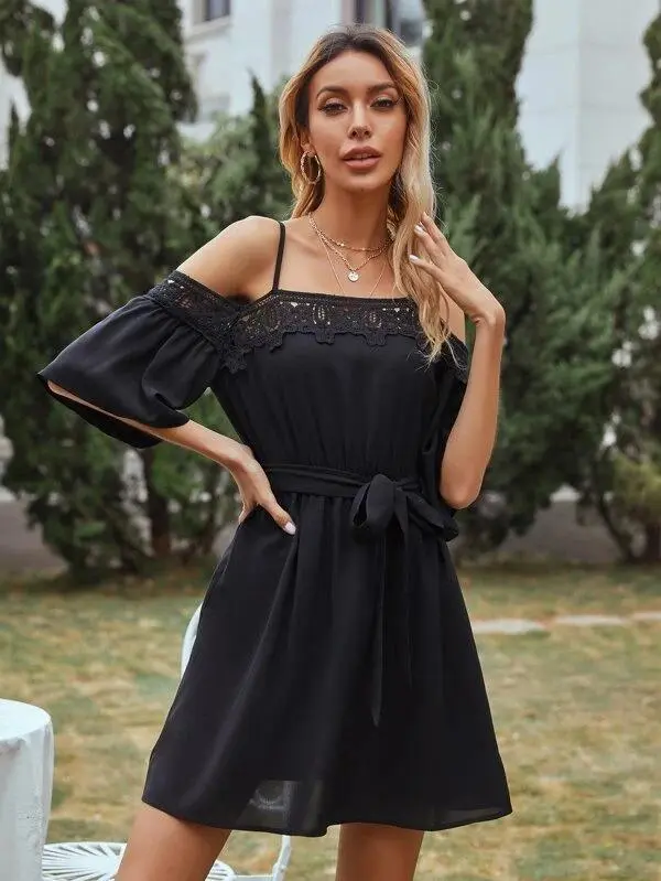 Women Solid Cold Shoulder Belted Dress