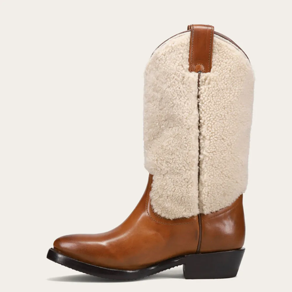 Faux-Leather Patchwork Snip-Toe Chunky-Heel Mid-Calf Boots