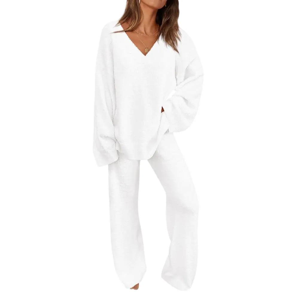 Women's 2-Piece Lounge Set Soft Chunky V Neck Tops& Wide Leg Long