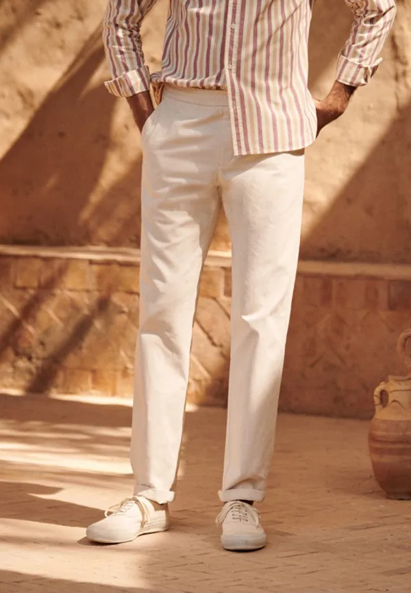 Cream Cotton Linen Blend Straight Leg Trousers