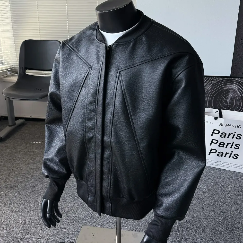 Men's solid color sporty windproof leather jacket