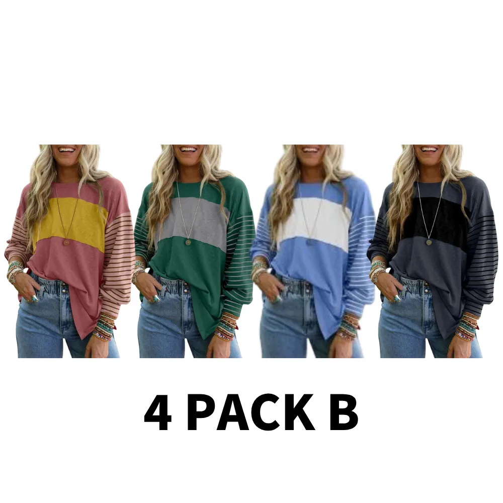 Long Sleeve Fall Tops Oversized 2025 Trendy Round Crew Neck Casual Color Block Womens Shirts Blouses