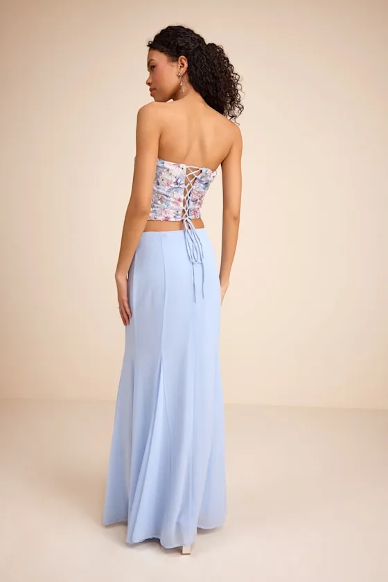 Jenna Light Blue Embroidered Strapless Two-Piece Maxi Dress