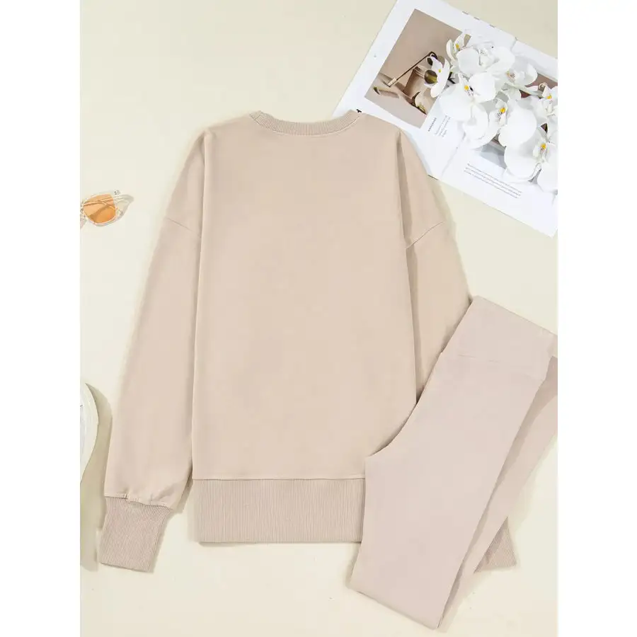Solid Oversize Slit Sweatshirt and Ribbed Leggings 2pcs Set