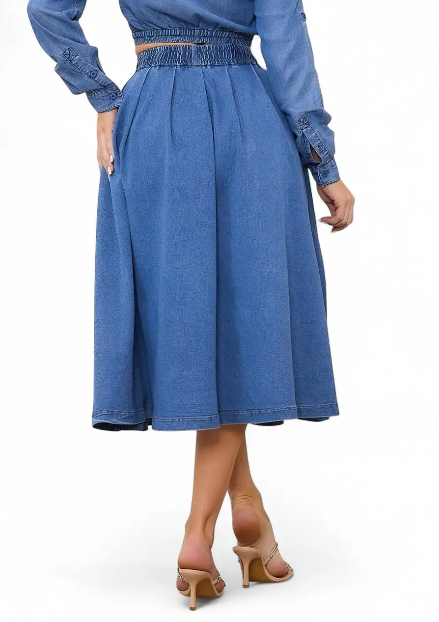 Denim Elastic-Waist Full-Length Skirt