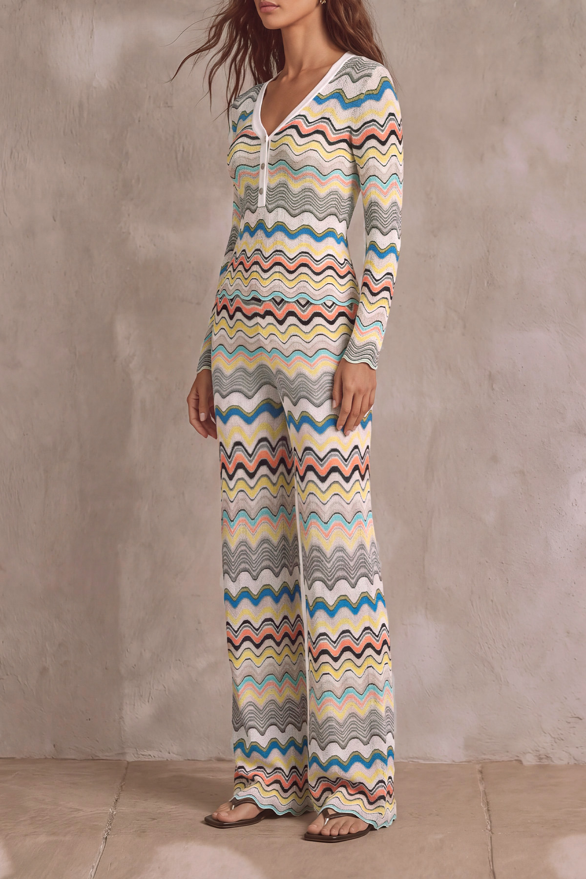 Classic Knit Striped Wavy Stripe Matching Pants Set