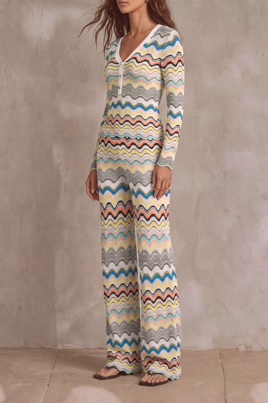 Classic Knit Striped Wavy Stripe Matching Pants Set