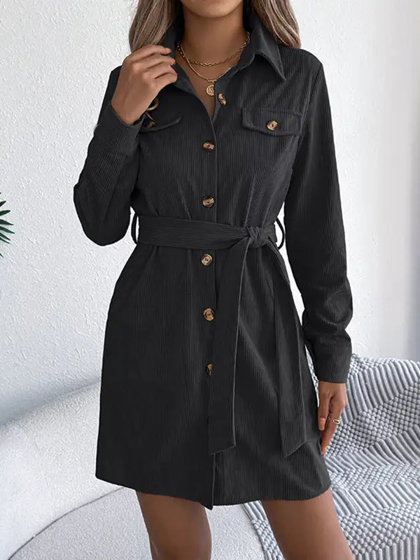 Elasticated Waist Long Sleeve Belted Buttoned Single Breasted Solid Color Lapel