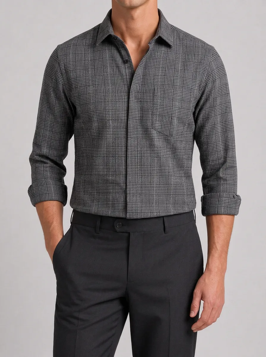 Men's Business Casual Grey Plaid Pattern Printed Shirt