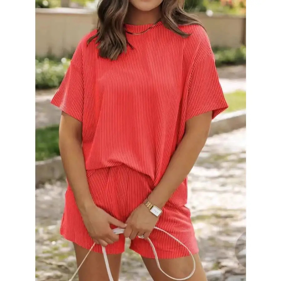 Ribbed Short Sleeve Top and Shorts Two Piece Set