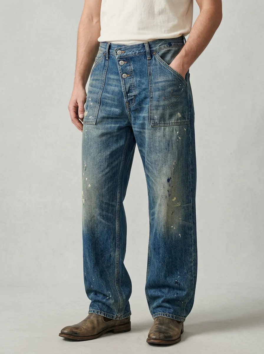Men's Paint Splatter Distressed Embroidered Star Wide Leg Jeans