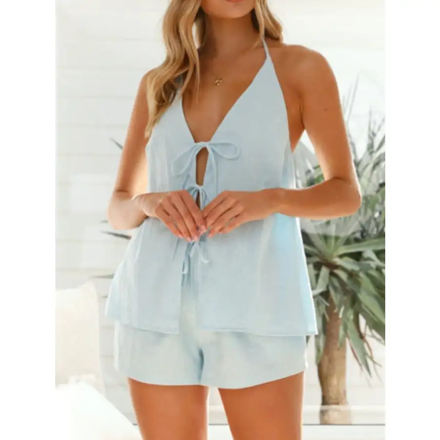 Tied Front Halter Neck Top and Shorts Set