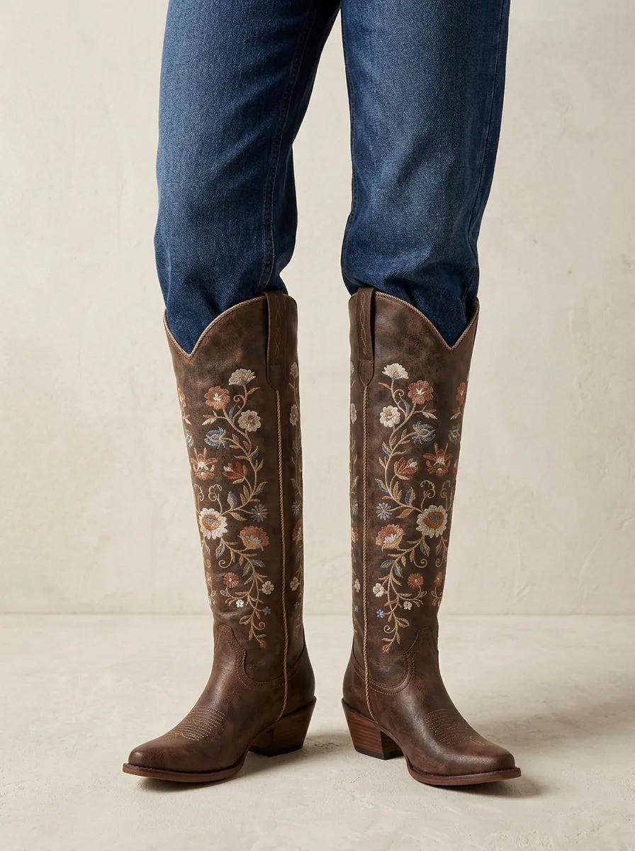 Women's Western Floral Embroidered Piped Pointed-Toe Block-Heel Denim Over-the-Knee Boots