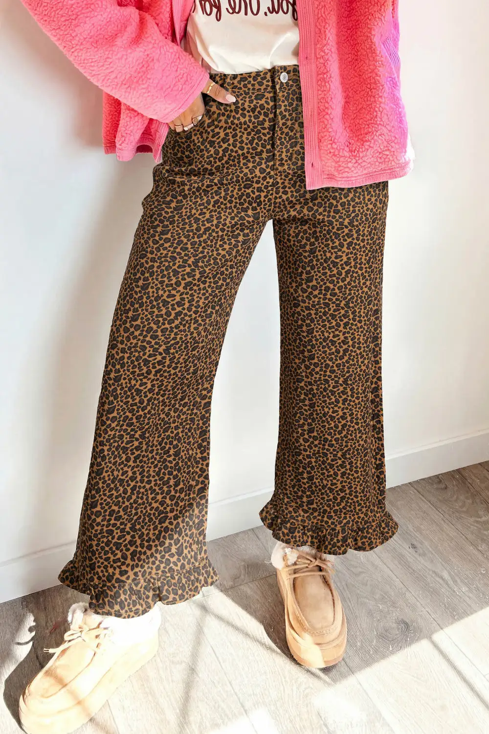 Leopard Ruffled Hem Jeans