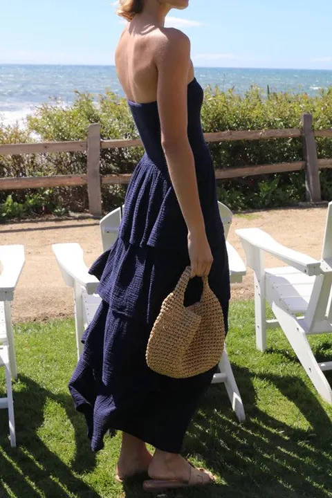 Navy Strapless Tiered Gauze Dress