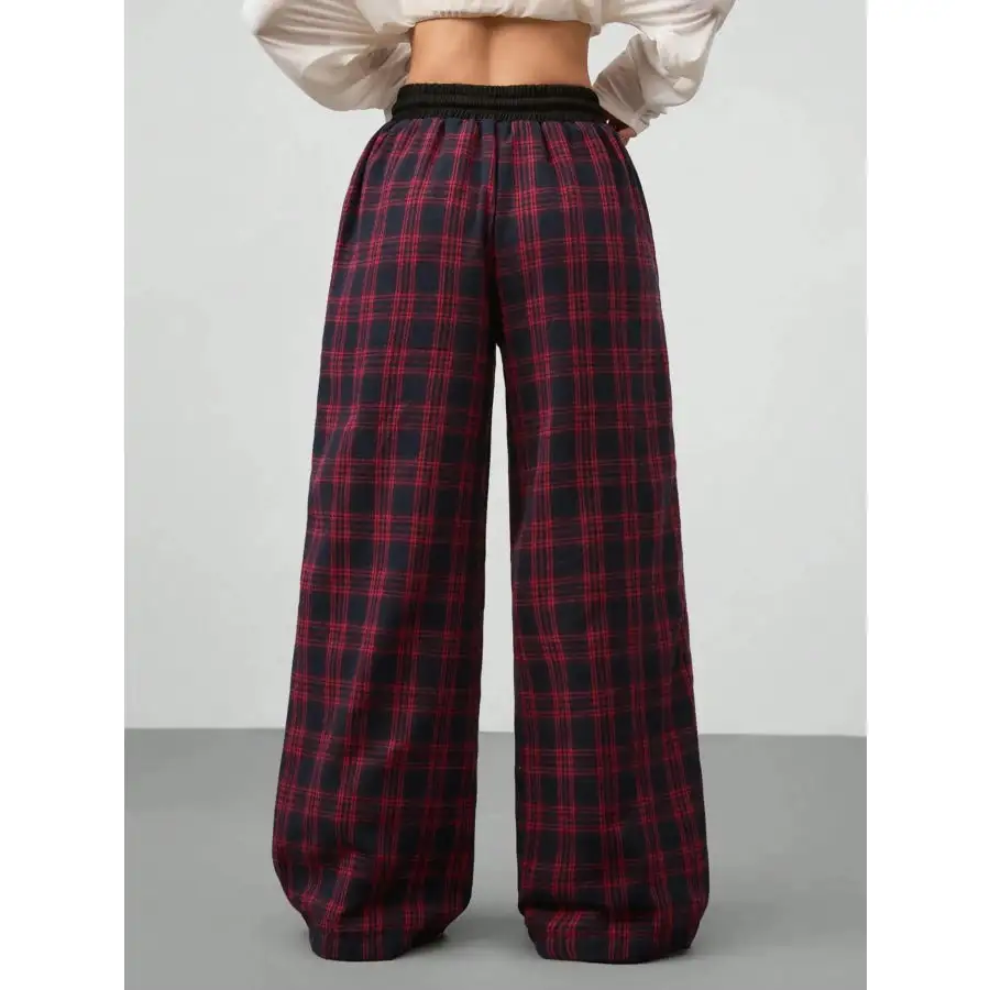 Plaid Wide Leg Pants with Drawstring Waist