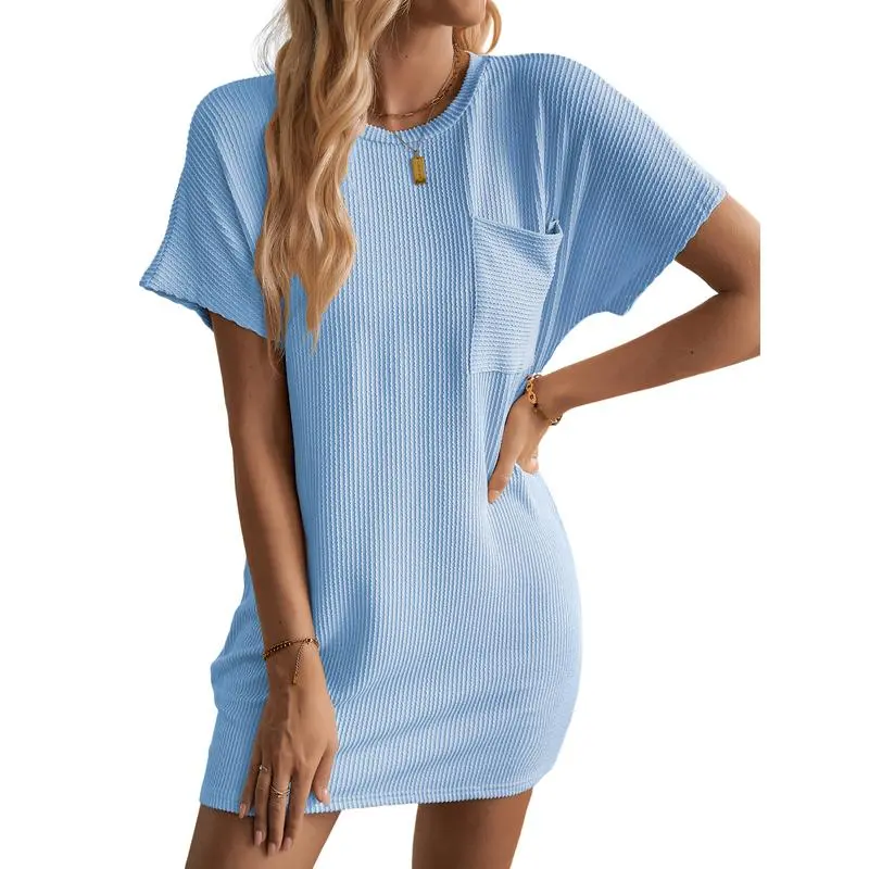 5PACK-Women's Wave Striped Casual Dress Loose Pocket Dress Home Furnishing Collection Fabric Short Basic Shortsleeve Summer Womenswear