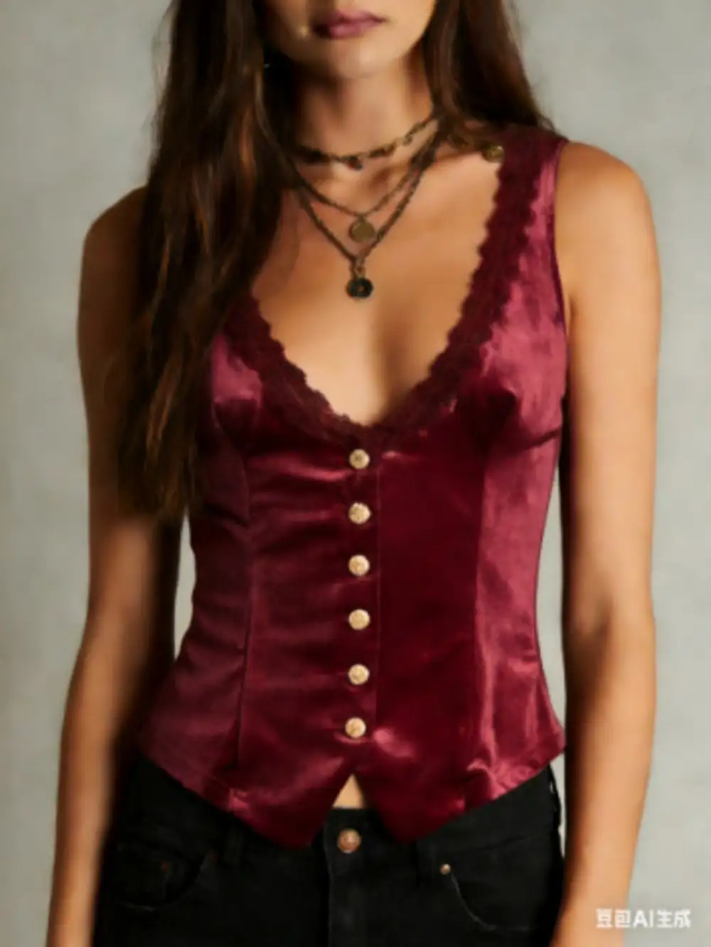 Lace Trim Velvet Button Front Top