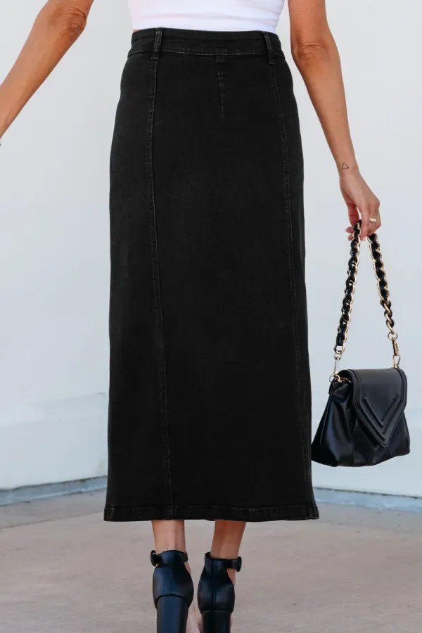 Lightweight Button Front Denim Detail Skirt