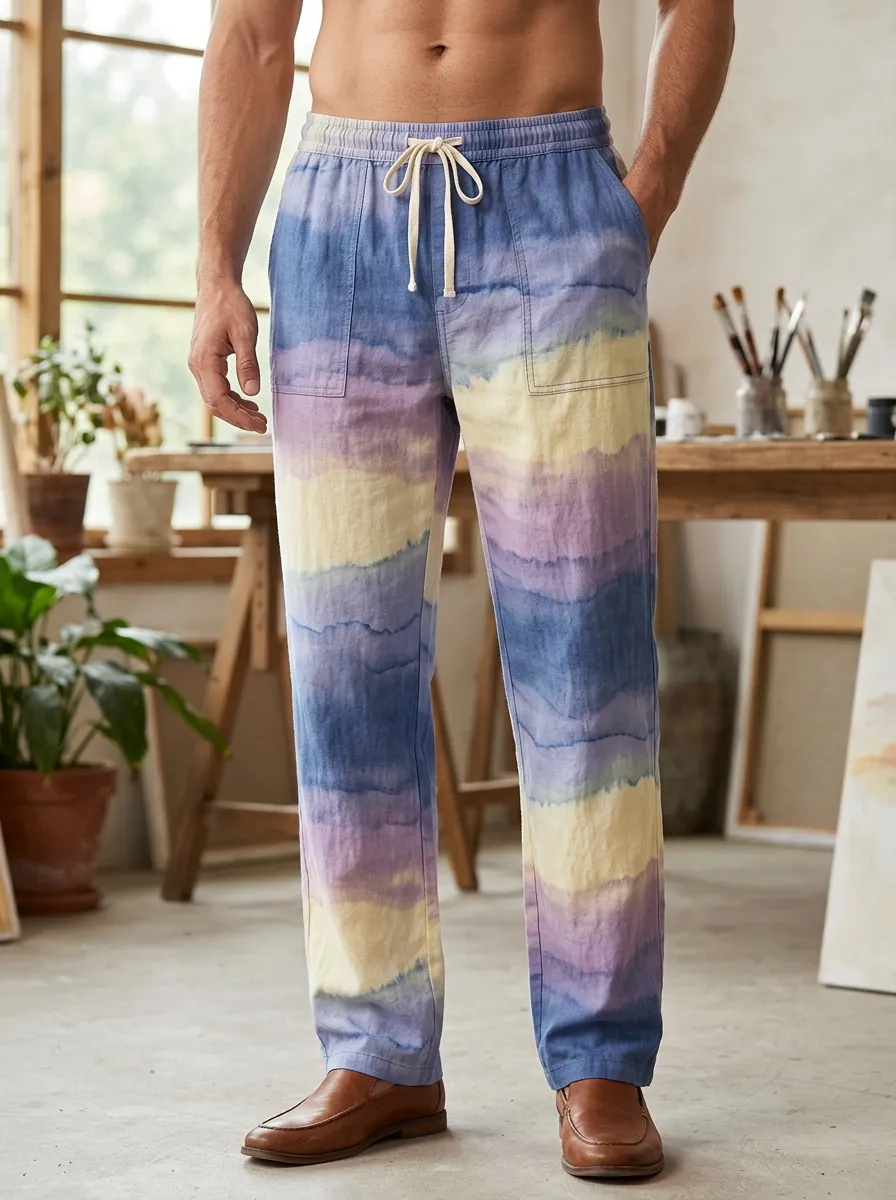 Men's Casual Beachwear Watercolor Sky Printed Pants