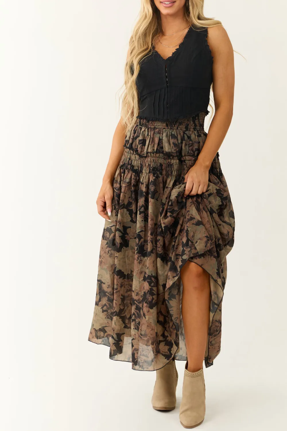 Black Floral Print Tiered Smocked Maxi Skirt