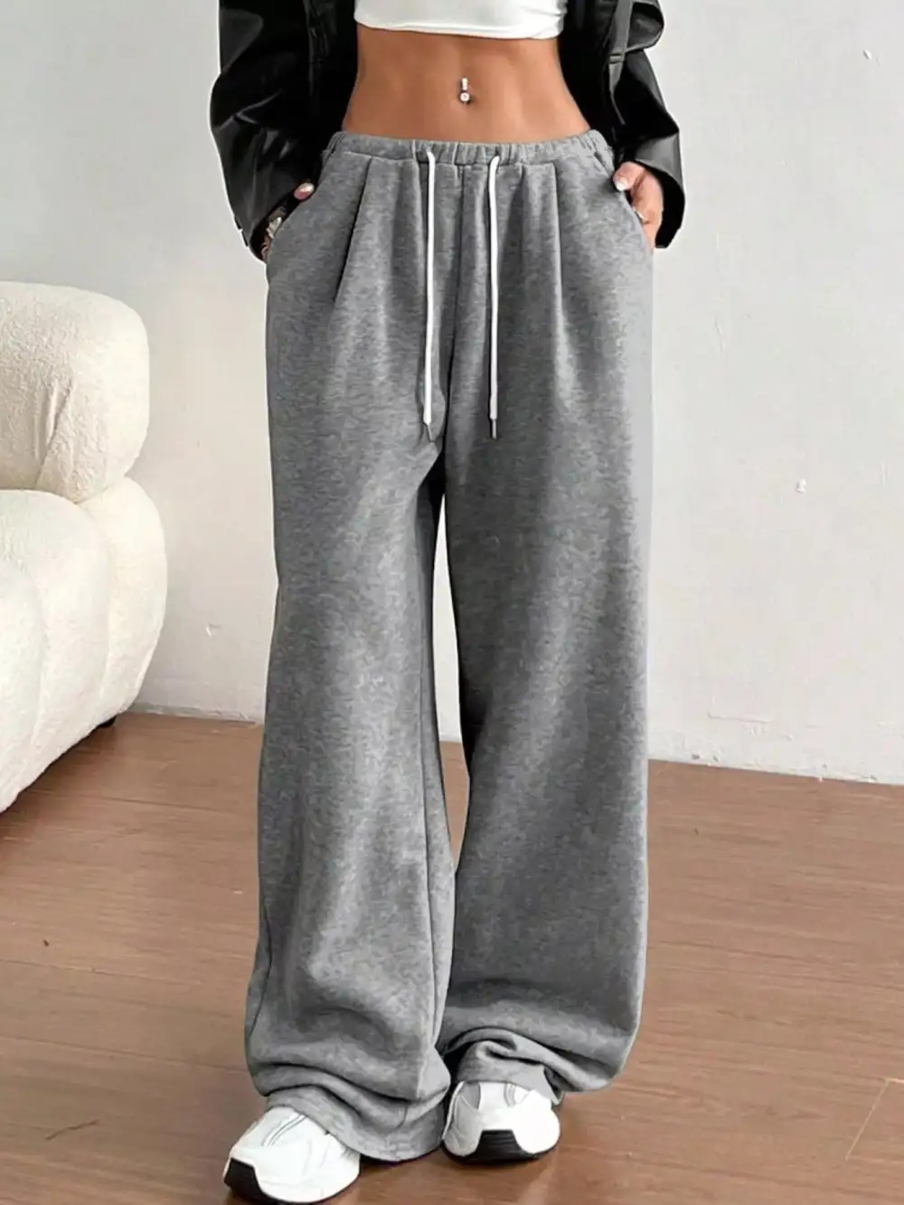 High-Waist Wide-Leg Drawstring Pocketed Sweatpants