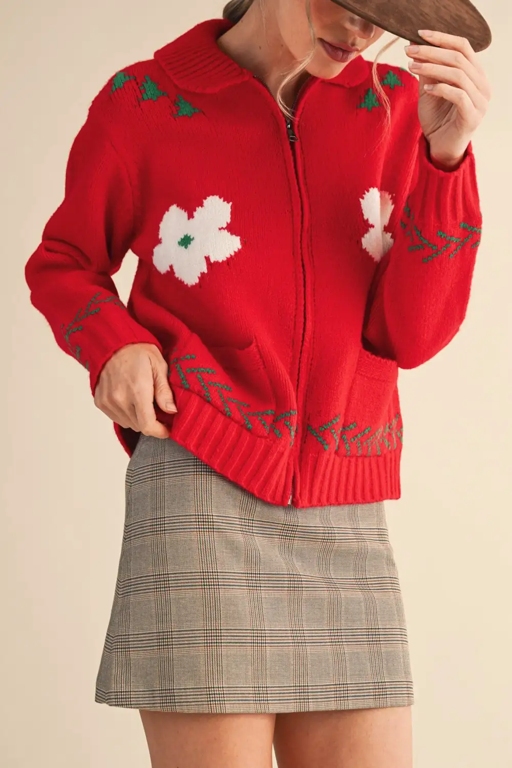 Floral Graphic Zip Front Collared Sweater
