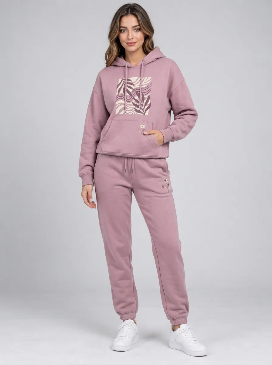 Women's Dusty Rose Cuffed Pants Solid Hoodie & Pants Set