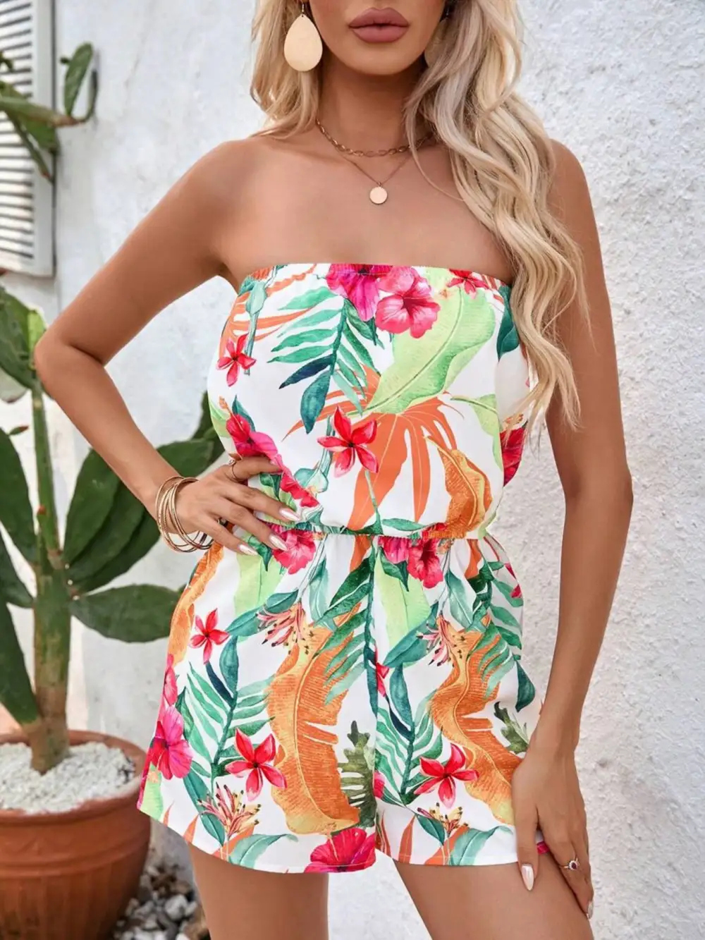 Tropical Strapless Waist Romper