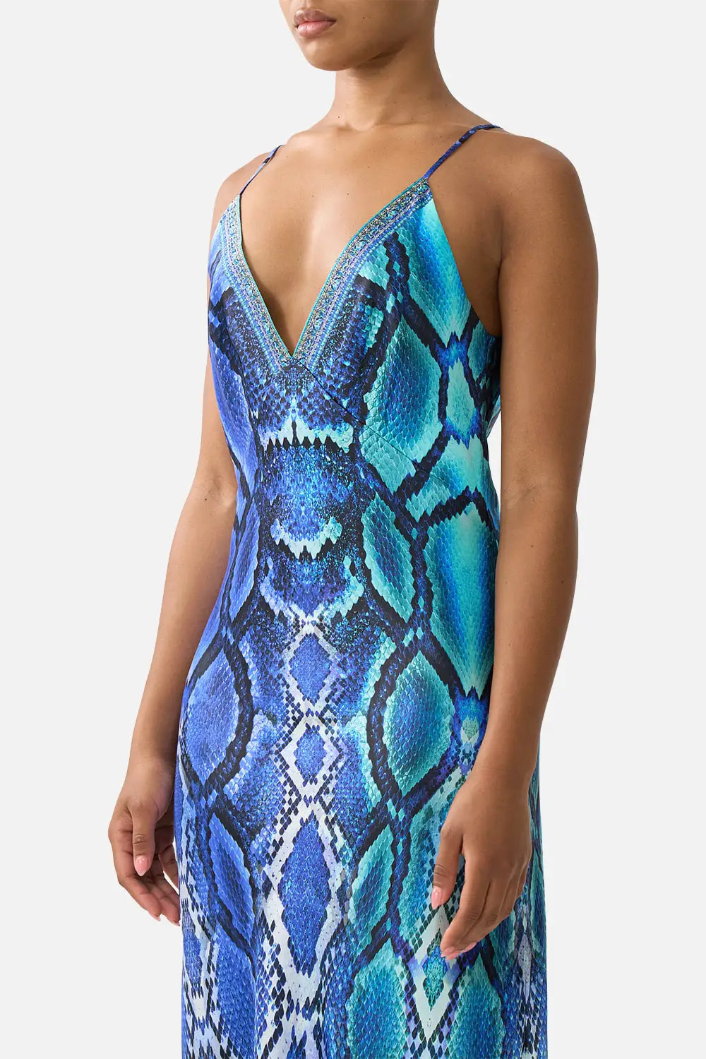 V-Neck Full Length Bias Slip Dress