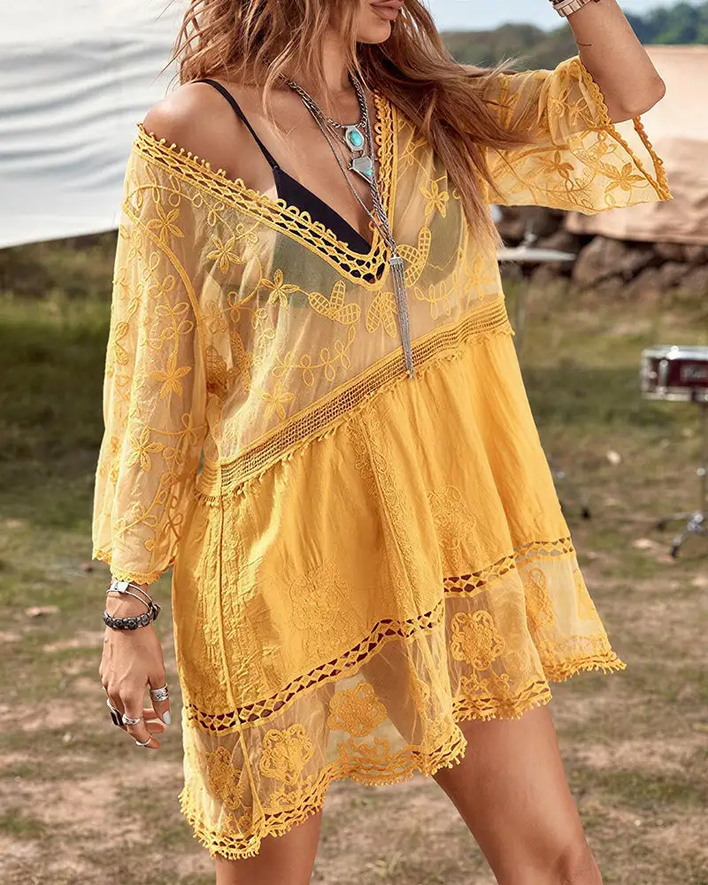 V-neck Lace Crochet Bikini Cover Up With Tassels