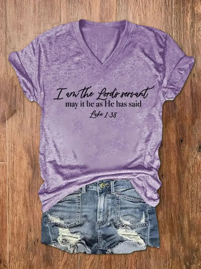 Women's I am the Lord's Servant - Luke 1:38 Scripture Print V-Neck T-Shirt