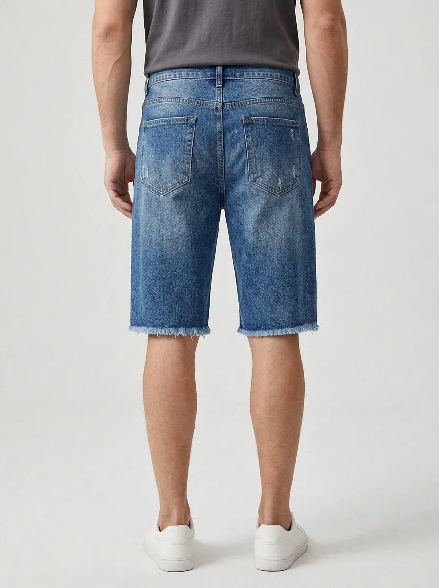 Men's Classic Geometric Distressed Raw Hem Distressed Denim Shorts