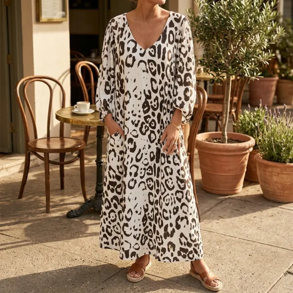 V Neck Pocket Printed Midi Dress