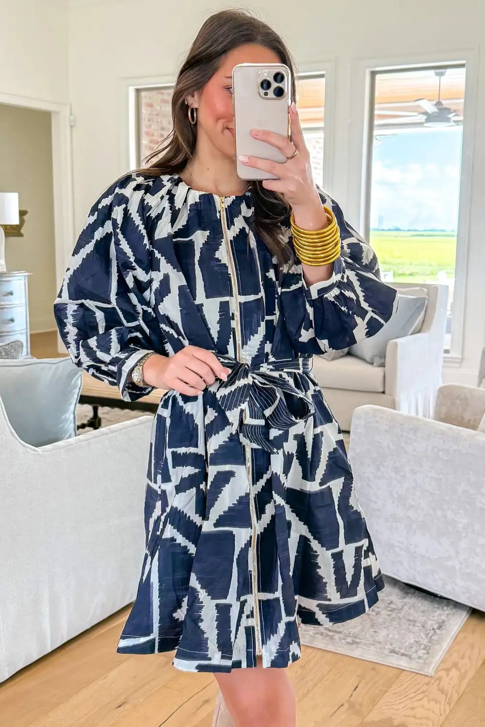 Belted Abstract Geometric Print Zip Front Tie Waist Shift Dress