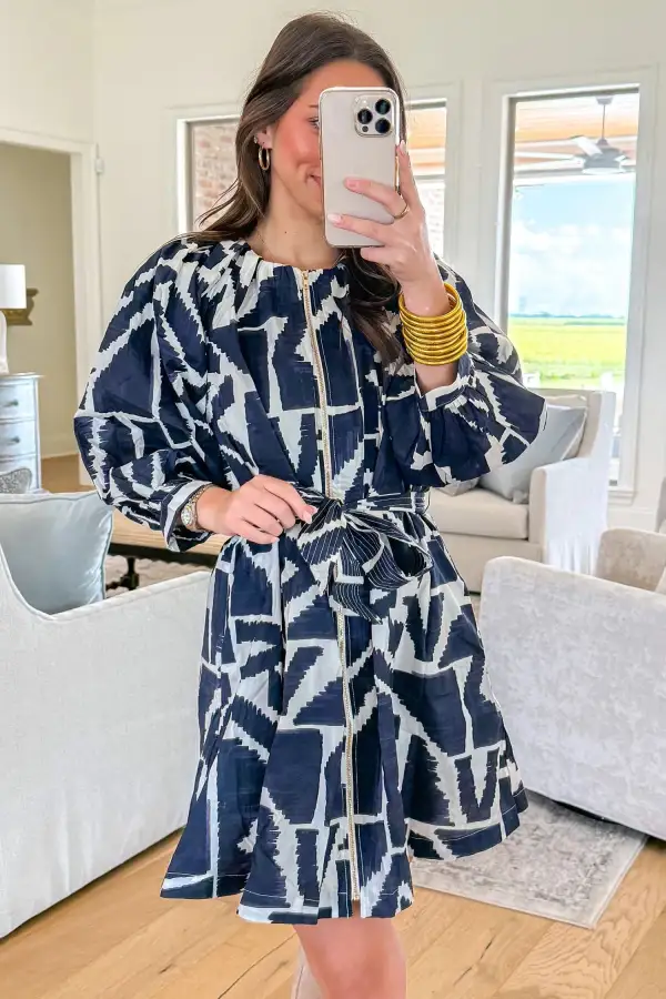 Belted Abstract Geometric Print Zip Front Tie Waist Shift Dress