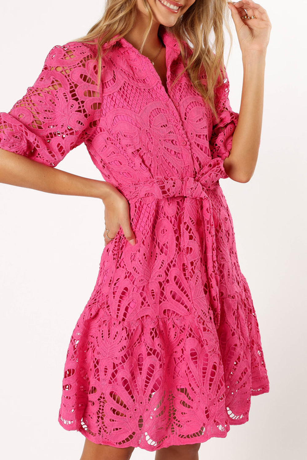 PINK HOLLOW LONG SLEEVE MINI DRESS
