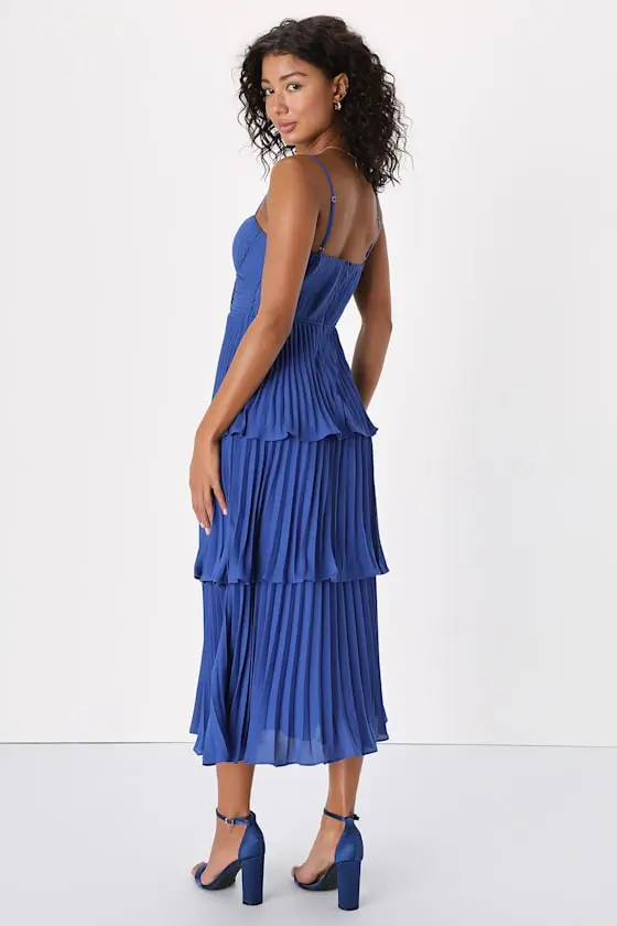 Cascading Crush Light Blue Tiered Bustier Midi Dress