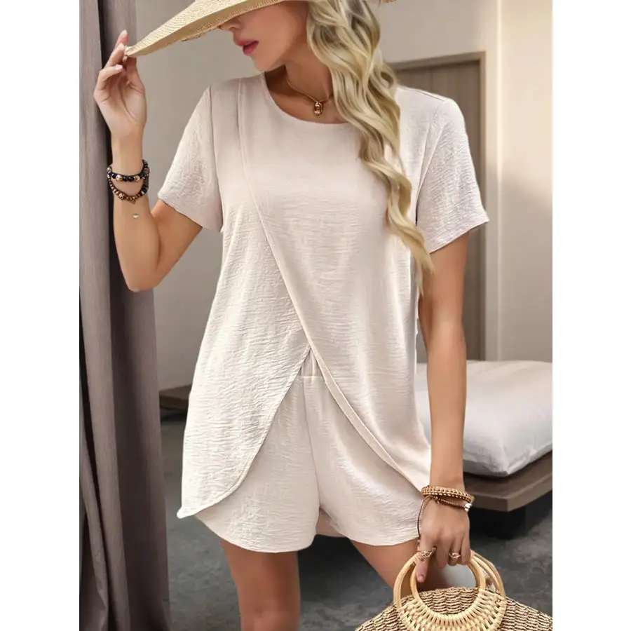 High Low Round Neck Top and Shorts Set