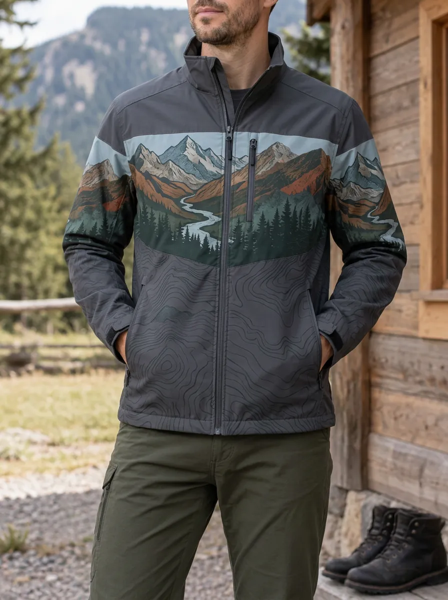 Men's Outdoor Adventure Mountain Landscape Topographic Printed Jacket