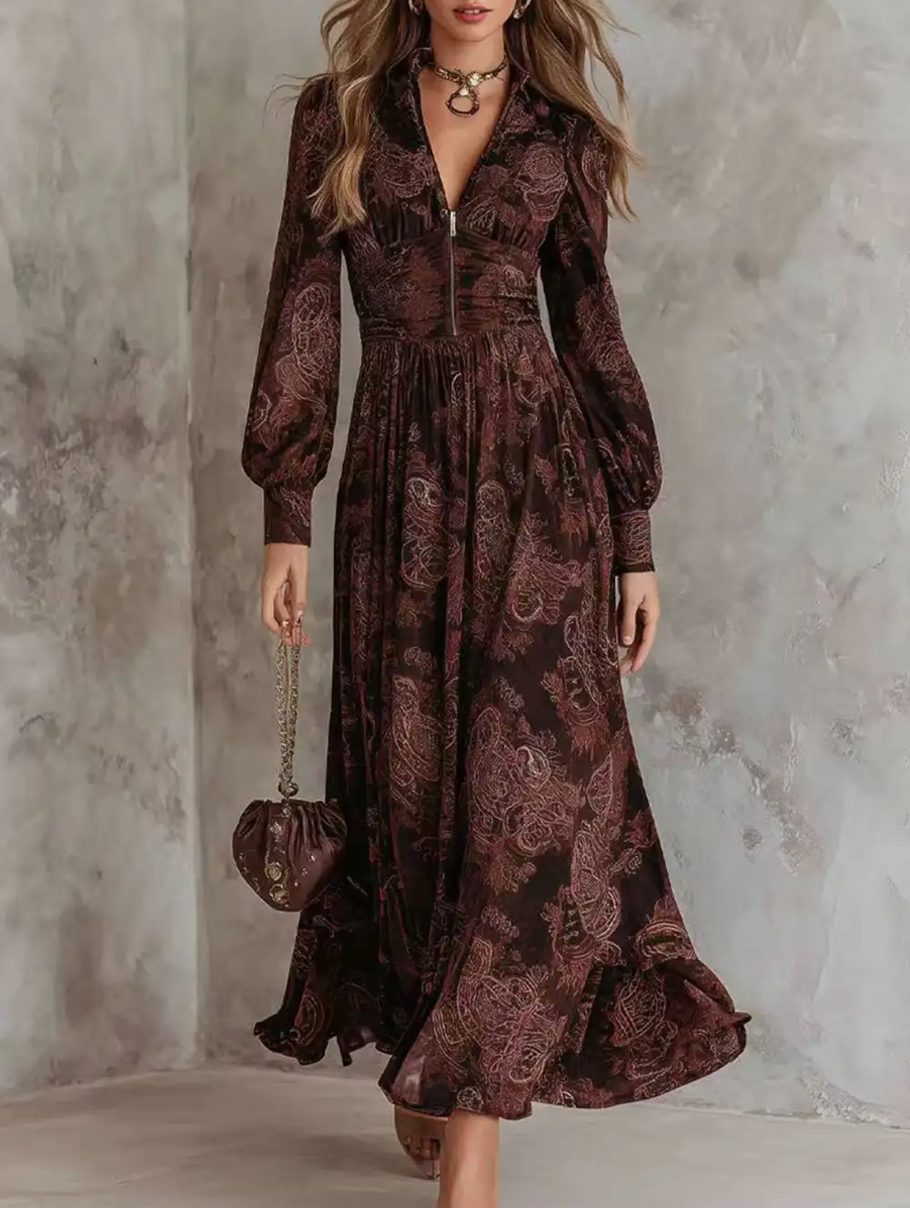 Retro Long-Sleeved V-Neck Fitted Waist Dress