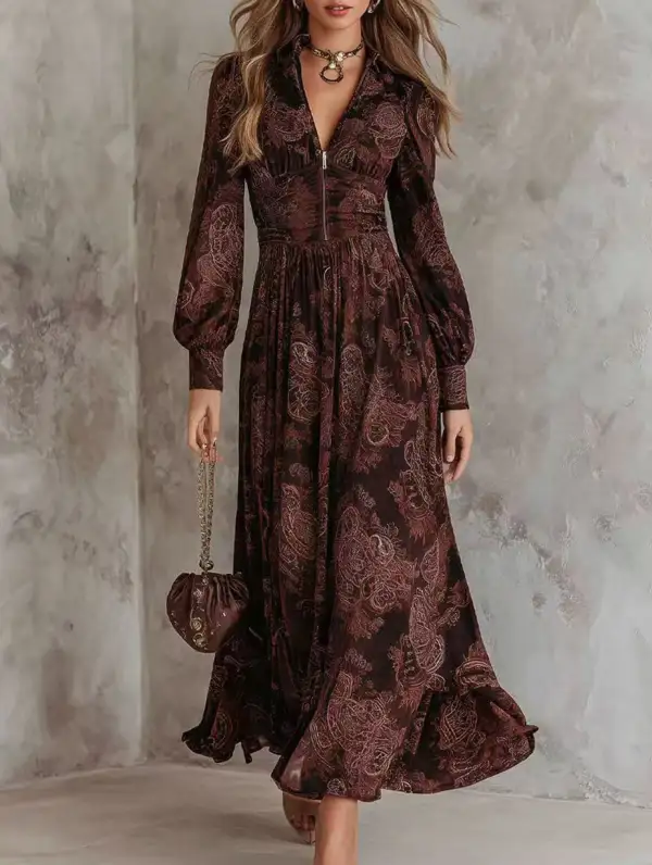 Retro Long-Sleeved V-Neck Fitted Waist Dress