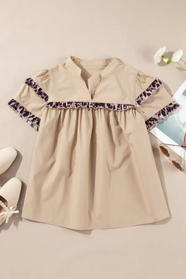 Smoke Gray Leopard Ruffles Trim Tiered Short Sleeve Blouse