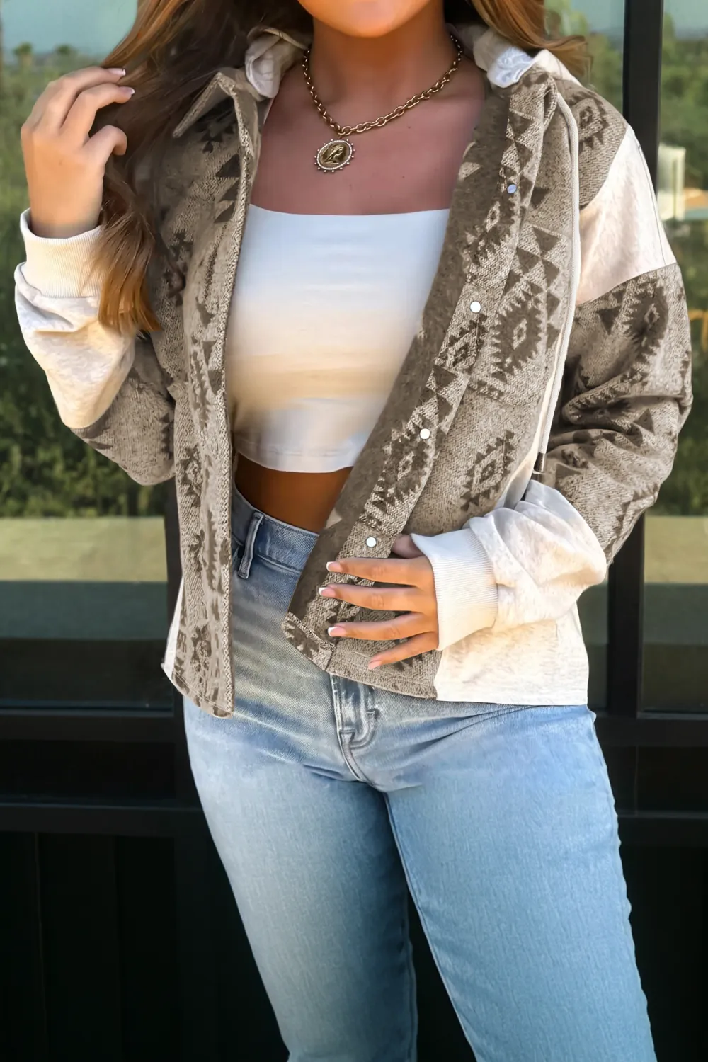 Western Aztec Print Block Patchwork Drawstring Hooded Shirt Jacket