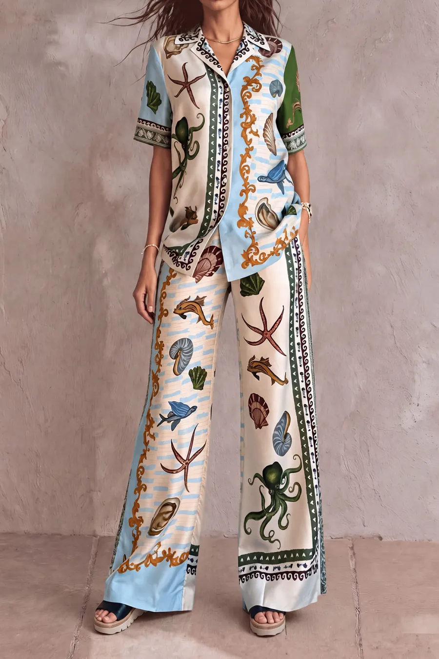 Wide Leg Printed Matching Pants Set