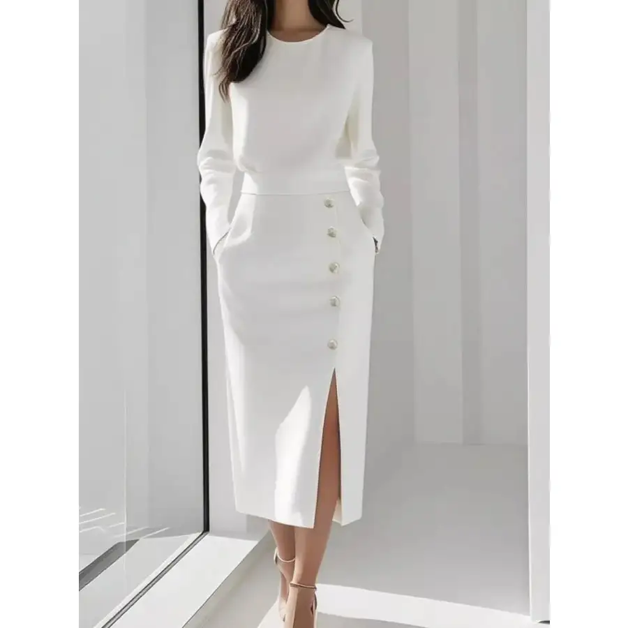 Long Sleeve Button Detail Midi Dress with Side Slit