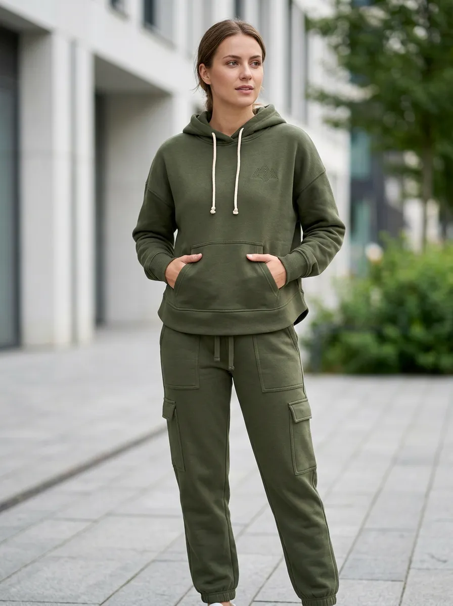 Women's Olive Green Minimalist Mountain Logo Printed Hoodie Cargo Jogger Set