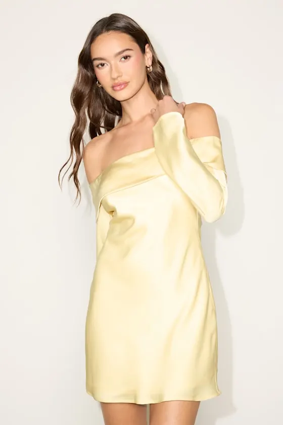Luxurious Vision Light Yellow Satin Off-the-Shoulder Mini Dress